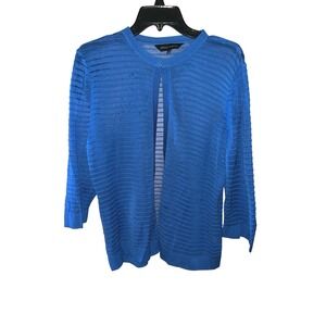 Ming Wang‎ Royal Blue Ribbed Open Front Cardigan 3/4 Sleeve Knit Top Large